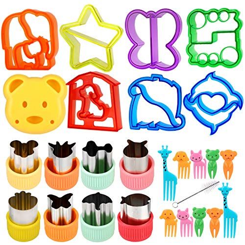 pwsap 26 stuks uitsteekvormpjes brood, toast, groentesandwich uitsteekvormpjes, roestvrij staal, koekjes, koekjes met anti-slip handvat, dierenvorm, groentesnijder, bentoaccessoires voor kinderen met 10 karikatuur tandenstokers