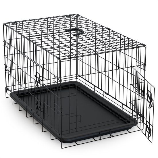 Avalo Hondenbench L - Black Metal Foldable Dog Crate - 2 Doors - 92x57x64 CM
