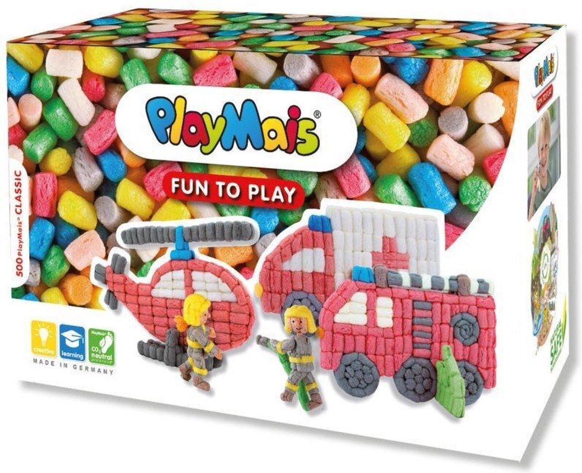 PlayMais Fun to Play Firetruck knutselset voor kinderen vanaf 3 jaar, motoriek-speelgoed met meer dan 500 stuks, 4 sjablonen en handleiding (mogelijk niet beschikbaar in het Nederlands), natuurlijk speelgoed, bevordert creativiteit en fijne motoriek