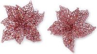 Inge-glas Kersthangers - 6x bloemen roze glitter - clip bevestiging - 18 cm - kunststof decoratie
