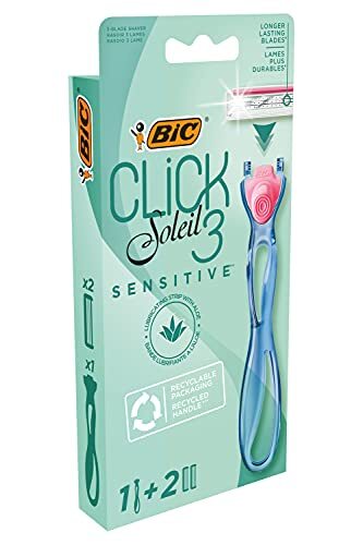 BIC Click 3 Soleil Sensitive Hervulbaar Damesscheerapparaat, 30% gerecycled plastic handvat en 3-Blade vullingen - Doos van 1+2