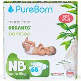 PureBorn Eco Organic Bamboe Luiers, Maat Newborn <5 kg, 68 Luiers, Hypoallergeen, Ultrazacht, Milieuvriendelijk, Assorti Print, Natheidsindicator