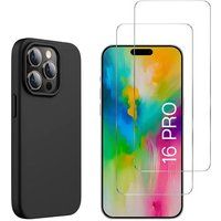 Phonillico® Zwart hoesje voor iPhone 16 PRO en 2 schermbeschermer van gehard glas