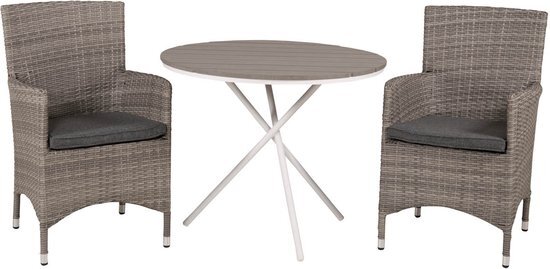 Hioshop Parma tuinmeubelset tafel Ø90cm en 2 stoel Malin grijs, gebroken wit.