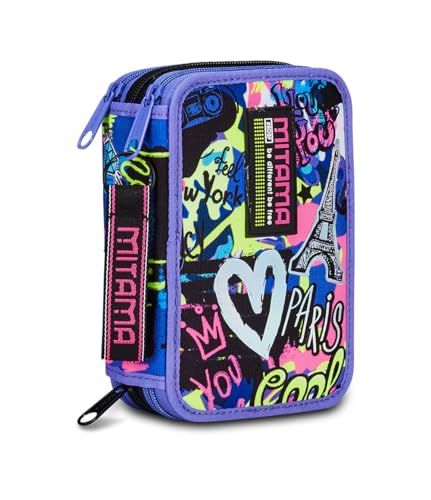 Mitama Super Triple City Love Schooletui met 3 vakken, inhoud 50 stuks, compleet met potloden, viltstiften, pennenkoker voor de basisschool voor meisjes, Paars, Eén maat, Etui met 3 ritssluitingen