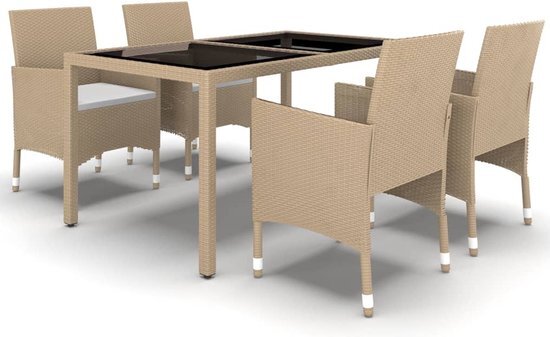 vidaXL 5-delige Tuinset poly rattan en gehard glas beige