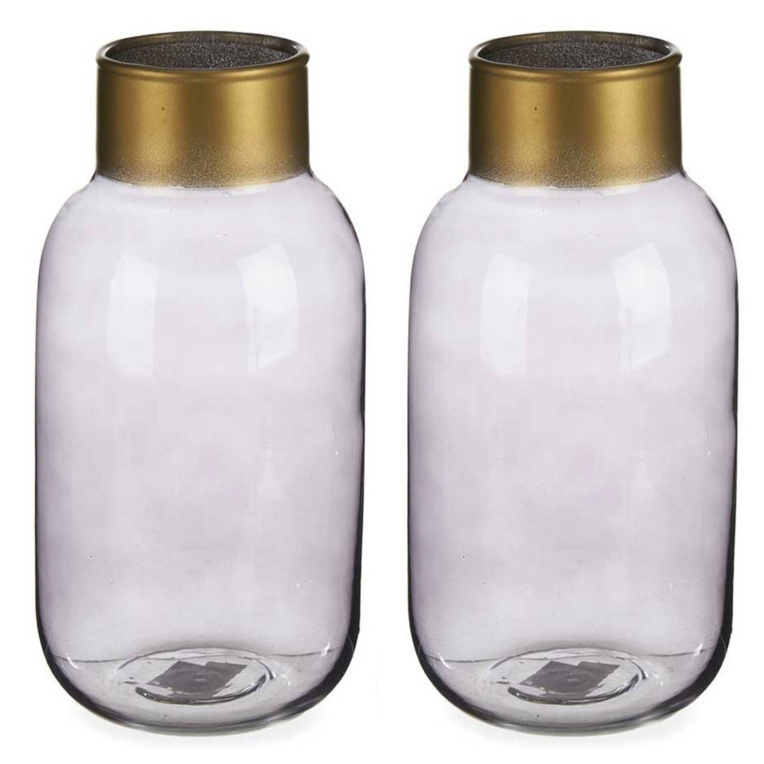Gift Decor bloemenvazen 2x stuks - luxe decoratie glas - grijs/goud - 12 x 24 cm - vazen