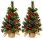 Everlands Kunstboom - 2x - 60 cm - jute voet - dennenappels en besjes - kunst kerstboom