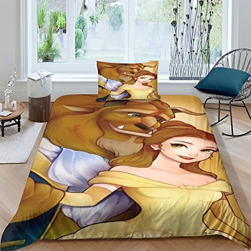 RAKVA Beauty And The Beast 3D-print dekbedovertrek beddengoed set voor kinderen zachte microvezel cartoon animatie dekbedovertrek kussensloop met ritssluiting voor kinderen tieners volwassenen single (135 x 200 cm)