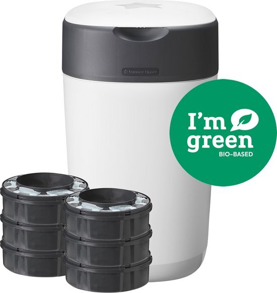 Tommee Tippee Twist & Click Advanced Luieremmer, incl. 6 cassettes met antibacteriële Green folie van duurzame herkomst in wit