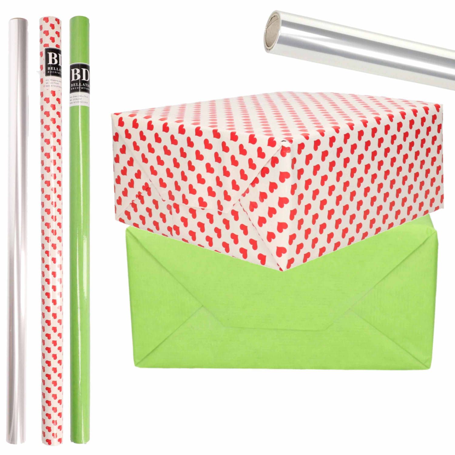 Bellatio Decorations 6x Rollen kraft inpakpapier transparante folie/hartjes pakket - groen/harten design 200 x 70 cm - Valentijn/liefde/cadeaupapier