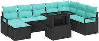 vidaXL Tuinbank Set Zwart en Blauw Polyrattan