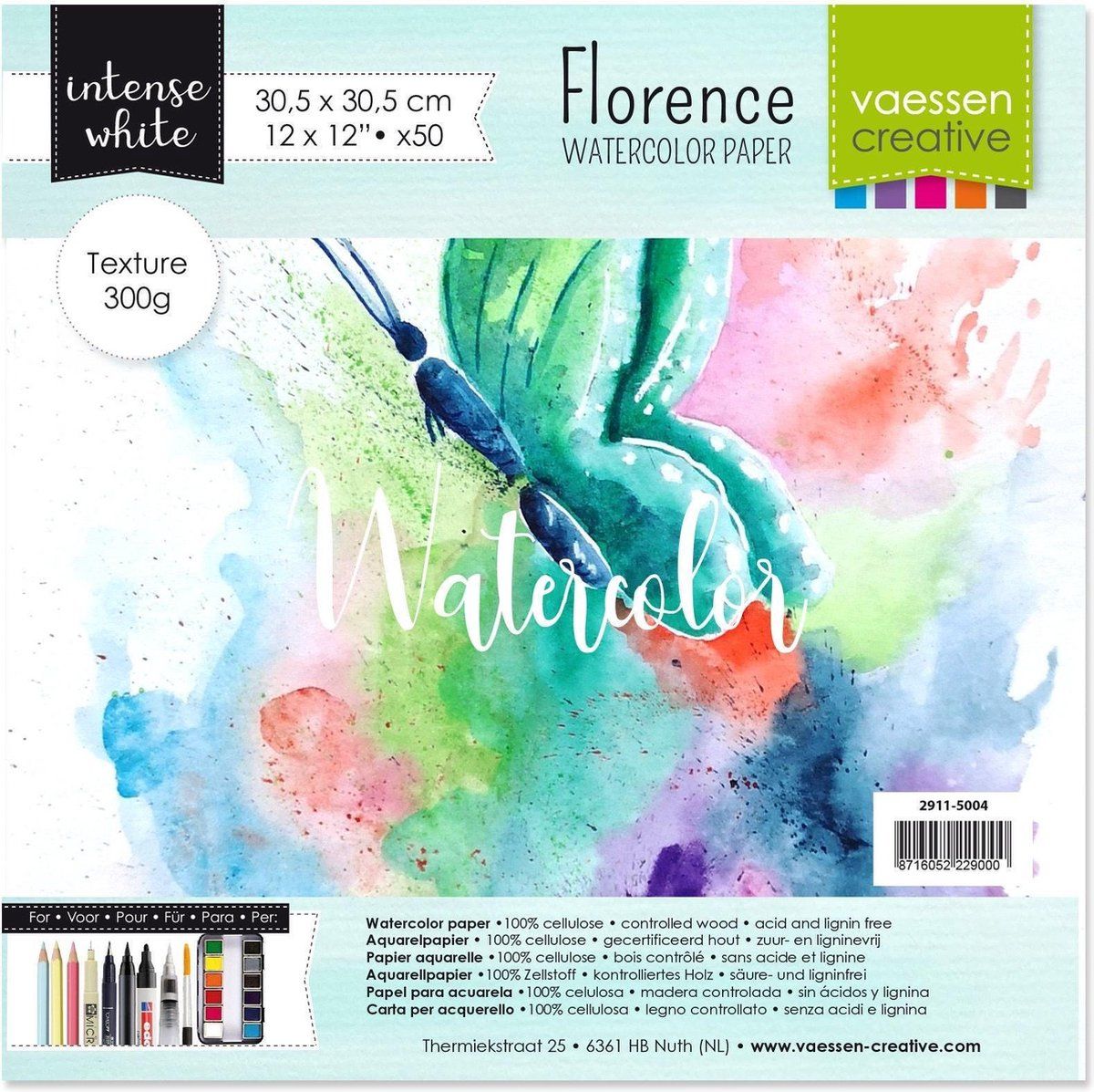Vaessen Creative Aquarelpapier - 30,5 x 30,5 cm - 300 g/m² - 50 vellen - Textuur Wit