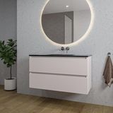 Saniclass Chaci Badkamermeubelset - 100x46x55cm - keramische wastafel zwart - 1 wasbak - zonder kraangaten - 2 lades - ronde spiegel met verlichting - mat cotton (beige)