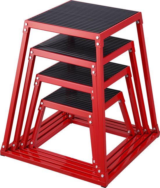 VEVOR 4-Delige Plyometrische Springboxen, 305/458/609/762 Mm Plyometrische Box Rood, Antislip Fitnessoefening Step-Up Boxset voor Thuisfitnesstraining, Conditionerende Krachttraining, Springtraining Draagbaar