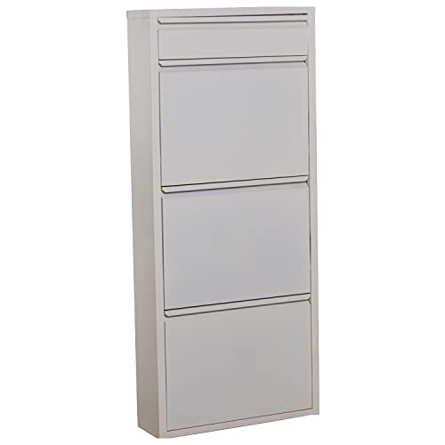 DRW Schoenenkast met 3 deuren en 1 lade van metaal in wit, 50 x 15 x 115 cm