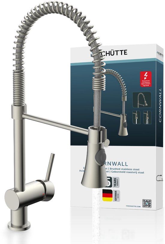 Schütte Cornwall Design Keukenkraan voor Waterverwarmer met vrije Uitloop - lage Druk - Mengkraan - Draaibare Uitloop met Spiraalveer - RVS-look