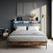 Lit double 160x200 cadre de lit métal et bois avec tête de lit rangement prises USB et LED design industriel pour chambre
