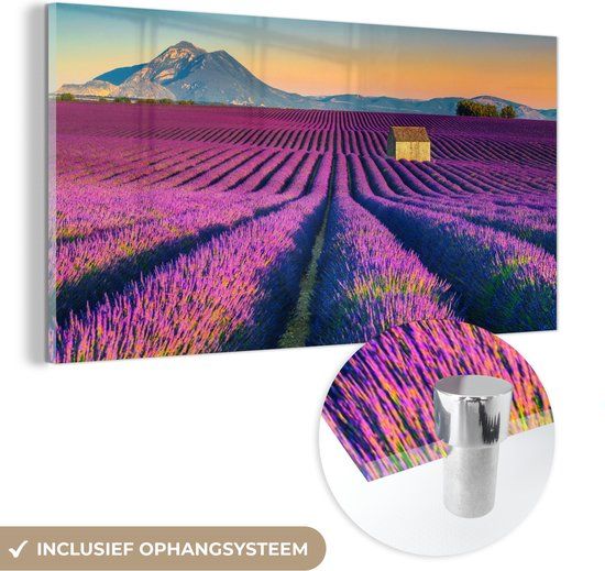 MuchoWow® Glass Painting 80x40 cm - Acrylic Glass Painting - Lavender - Mountain - Flowers - Photo on Glass - Paintings