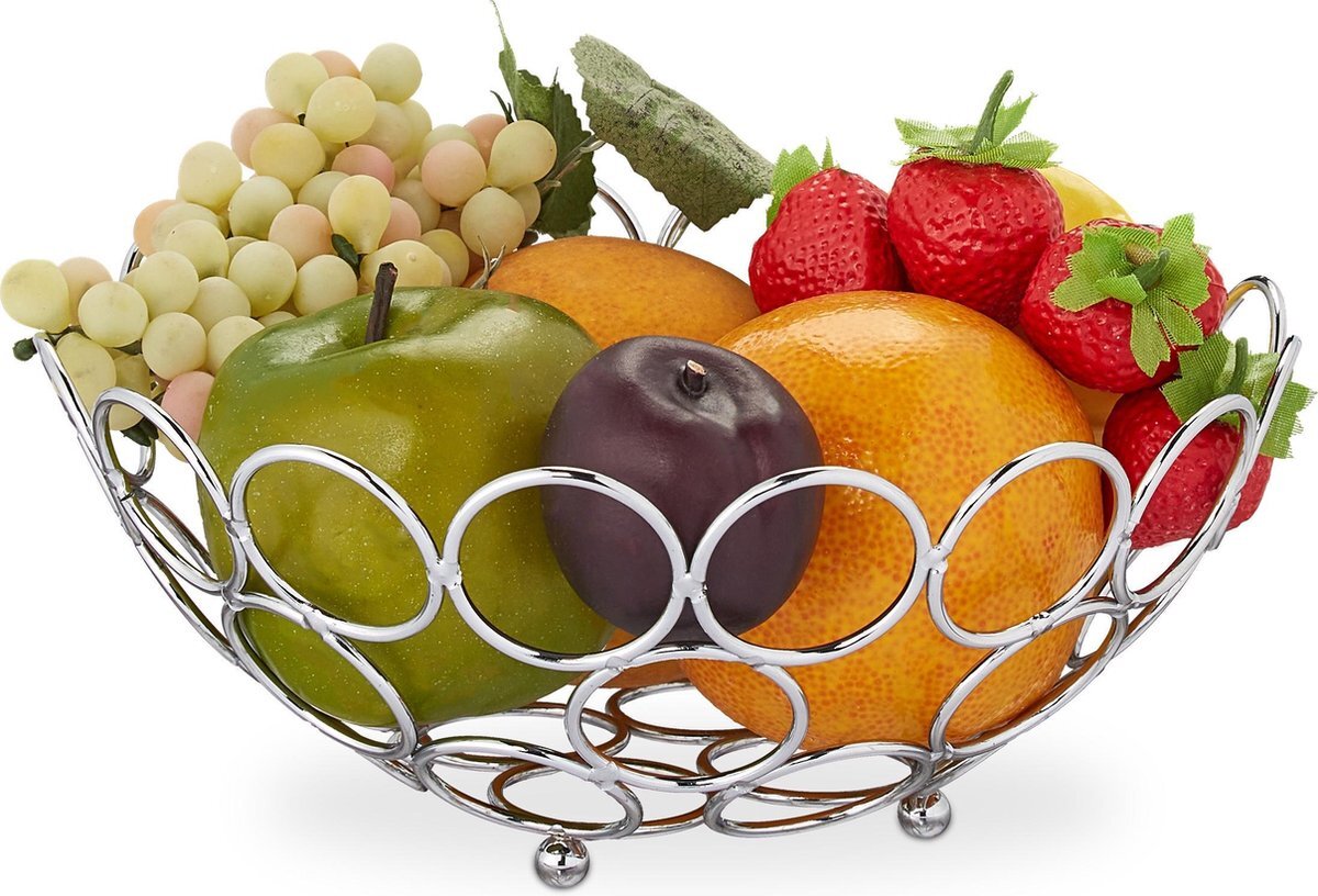 Relaxdays metalen fruitschaal - 22,5cm - ruitmand - rond - modern - design - schaal fruit