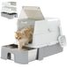 PawHut Kattenbak van roestvrij staal met deksel uitschuifbare bak Grijs | XL kattenbak met schep, gemakkelijk schoon te maken, hoge zijkanten, lekbestendig