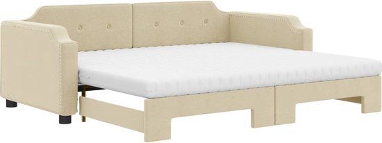 vidaXL Slaapbank met onderschuifbed en matrassen 100x200 cm stof crème