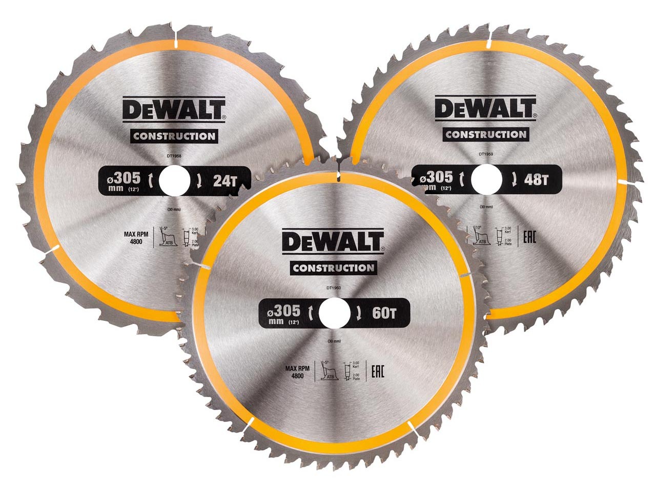 DeWalt DT1962 3-delige Construction Cirkelzaagbladen set - 165 x 30 x 24T / 40T - Hout Met nagels