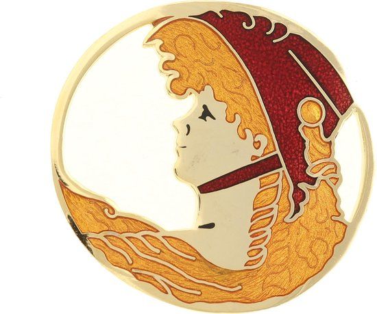 Behave® Dames Broche rond vrouw met hoed silhouet - Goudkleurig - 4.5 cm