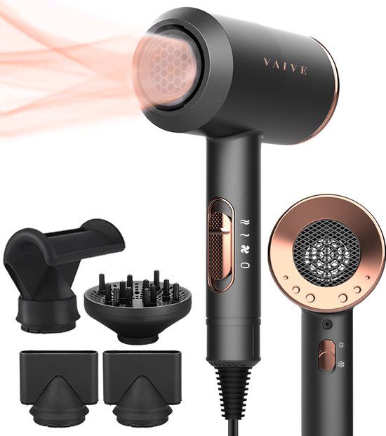 VAIVE Ionische Föhn met Diffuser - Haardroger 2000 Watt - Zwart/Goud