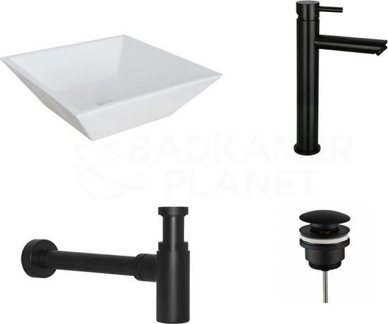 Sani Royal KERAMISCHE WASKOMSET TRENTO MAT ZWART OPBOUWKRAAN 38,5X38,5X12 CM