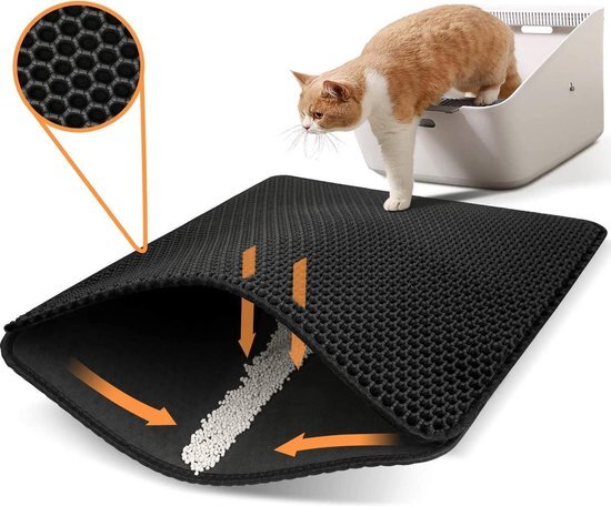 Behave Kattenbakmat - Dubbele laag - Honingraatdesign - Waterdicht - Katten grit opvanger - Schoonloopmat - Kattenbak mat - Zwart - 55*75 cm zwart