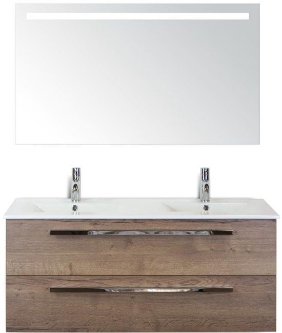 BES LED Seville Badmeubelset 120 cm - 2 Laden Tabacco - Wastafel Enjoy Dubbel met Sence Spiegel