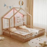 Ropilly Houten kinderbed van 90x200 cm met huisontwerp, LED-verlichting en veiligheidsreling