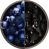 Bellatio Decorations Kerstballen mix - 74-delig - kobalt blauw en zwart - 6 cm - kunststof