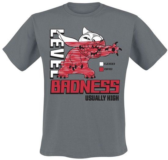 Lilo & Stitch Heren T-shirt - Level Badness Usually High - Houtskool - M