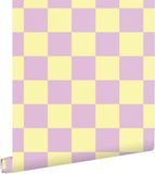 ESTAHome Behang Geblokt Motief Lila Paars en Geel - 53 cm x 10.05 m