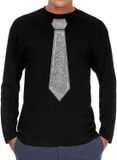 Bellatio Decorations Verkleed shirt heren - stropdas glitter zilver - zwart - longsleeve S