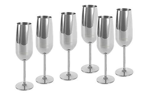 Echtwerk 6-delige set champagneglazen van roestvrij staal, zilver-editie, champagneglas, champagnefluiten, onbreekbare glazen, bruiloften, verjaardagen, Valentijnsdag, 250 ml