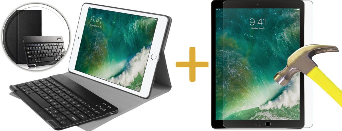 iCall Toetsenbord Bookcase voor Apple iPad Pro 10.5 2017 - Bluetooth Keyboard Hoesje Cover Zwart + Screenprotector