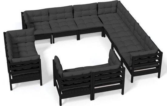 vidaXL 11-delige Loungeset met kussens massief grenenhout zwart