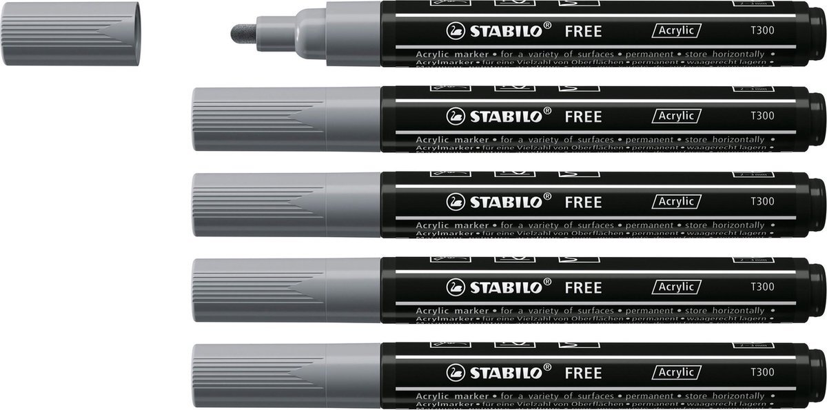 Stabilo FREE - Acryl Marker - T300 - Ronde Punt - 2-3 mm - Donker Grijs - Doos 5 stuks