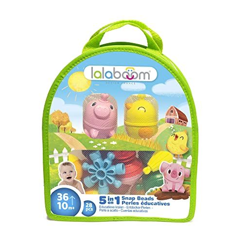 lalaboom - Motorische kralen – tas voor boerderijdieren – speelgoed om te leren en te monteren – bouwspel vormen en kleuren – schaalbaar van 10 maanden tot 4 jaar – 28 stuks, BL231