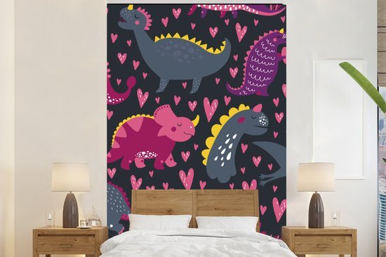 Nr1Wallpaper Behang - Fotobehang Kinderillustratie met een patroon van dinosaurussen in het zwart - Breedte 200 cm x hoogte 300 cm