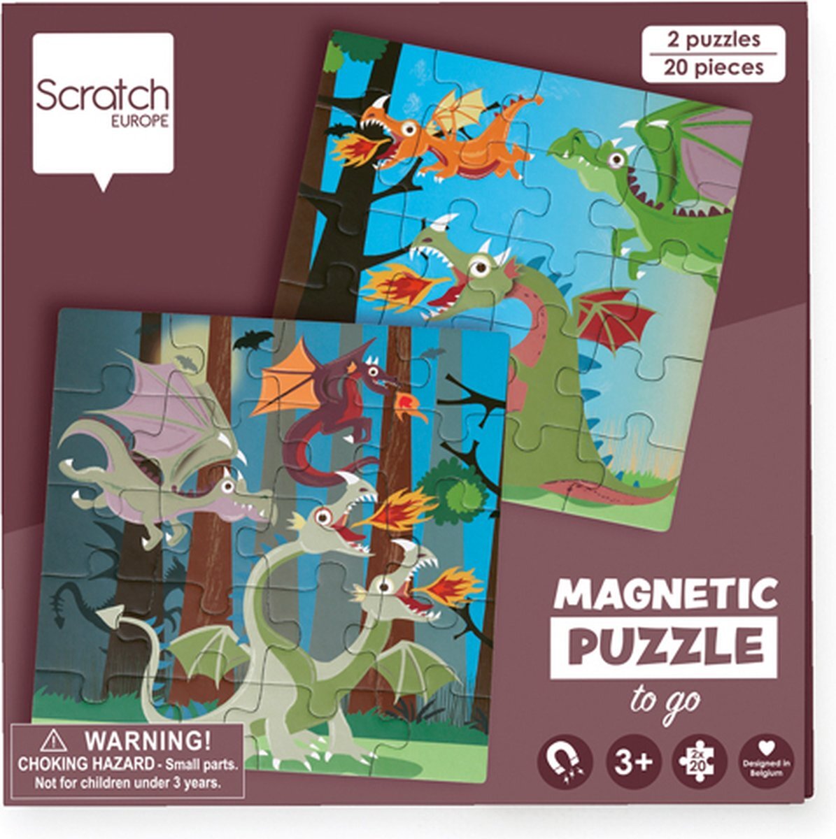 Scratch Europe Scratch Puzzel Magnetisch: MAGNETISCH PUZZELBOEK TO GO - DRAKEN 18x18x1.5cm (gesloten), 54x18x0.5cm (open), met 2 magnetische puzzels van 20 stuks, 3+