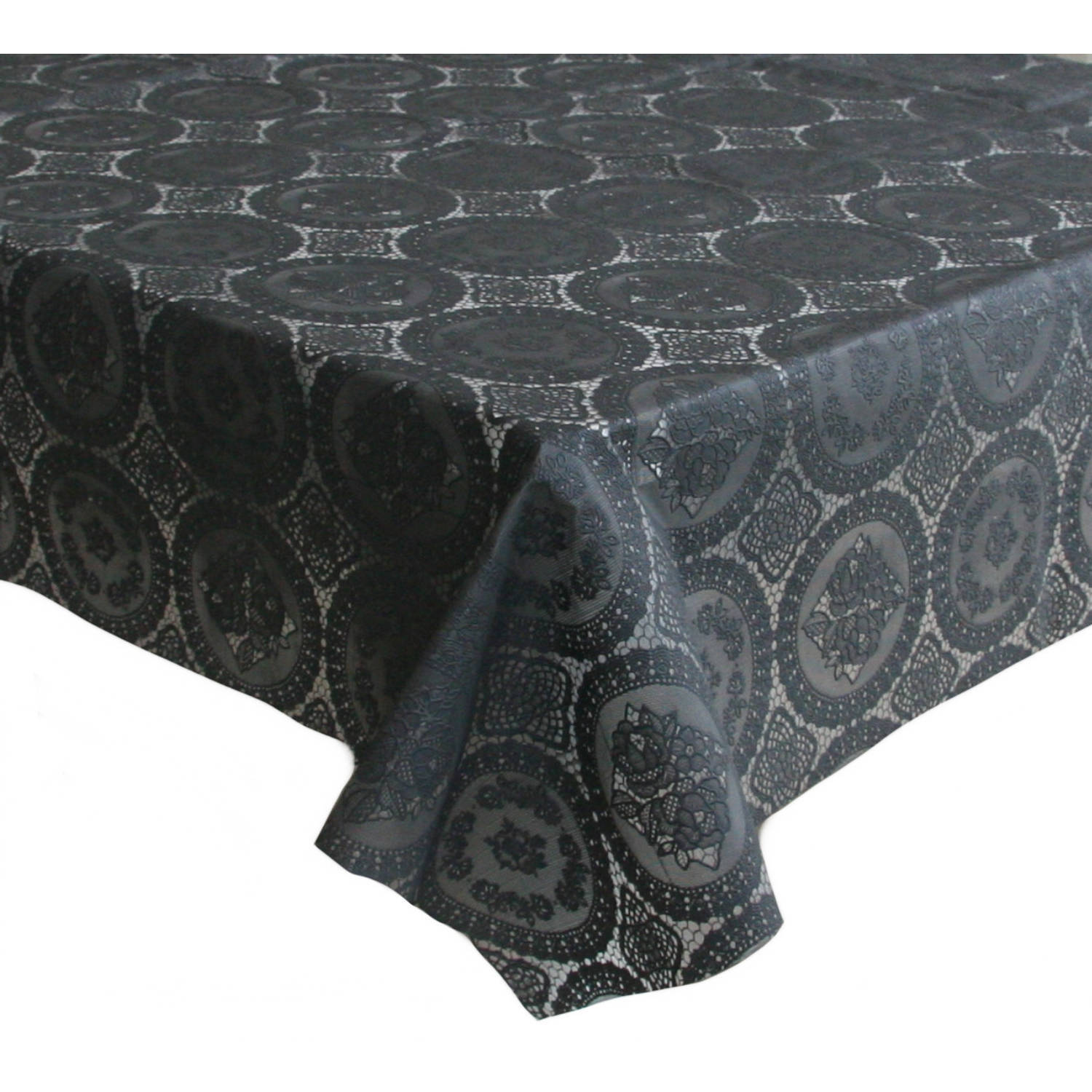 Bellatio Design Tafelzeil/tafelkleed kanten patroon antraciet 140 x 250 cm - Tuintafelkleed - Kant