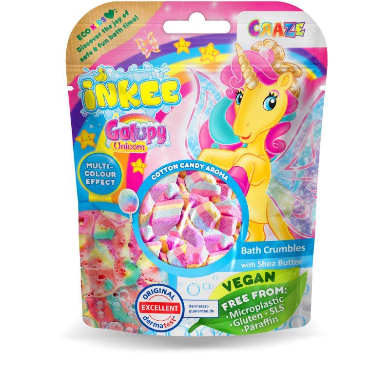 Craze INKEE Galupy Unicorn badzout | Multikleurig badzout met 4 kleurlagen en aroma suikerspin, cacaoboter - Bad voor kinderen, Zak 100 g