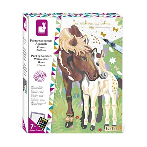 Janod - Set schilderen op nummer paarden – 2 afbeeldingen om zelf te maken – aquarelschilderij – Les Ateliers du Calme – kit creatieve vrije tijd kinderen – vanaf 7 jaar, J07953