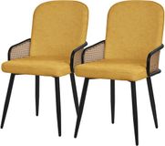 ML-Design eetkamerstoelen set van 2 mosterd gestoffeerde keukenstoelen met armleuningen en rugleuning rotanlook comfortabele ergonomische stoffen eetkamer fauteuils met metalen poten luxe lounge accentstoelen voor eettafel en woonkamer