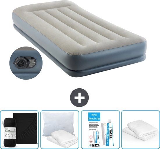 Intex Luchtbed 1-Persoons - 99 x 191 x 30 cm - Grijs - Inclusief pomp + Hoeslaken + Kussen + Reparatieset + Kussenbeschermer