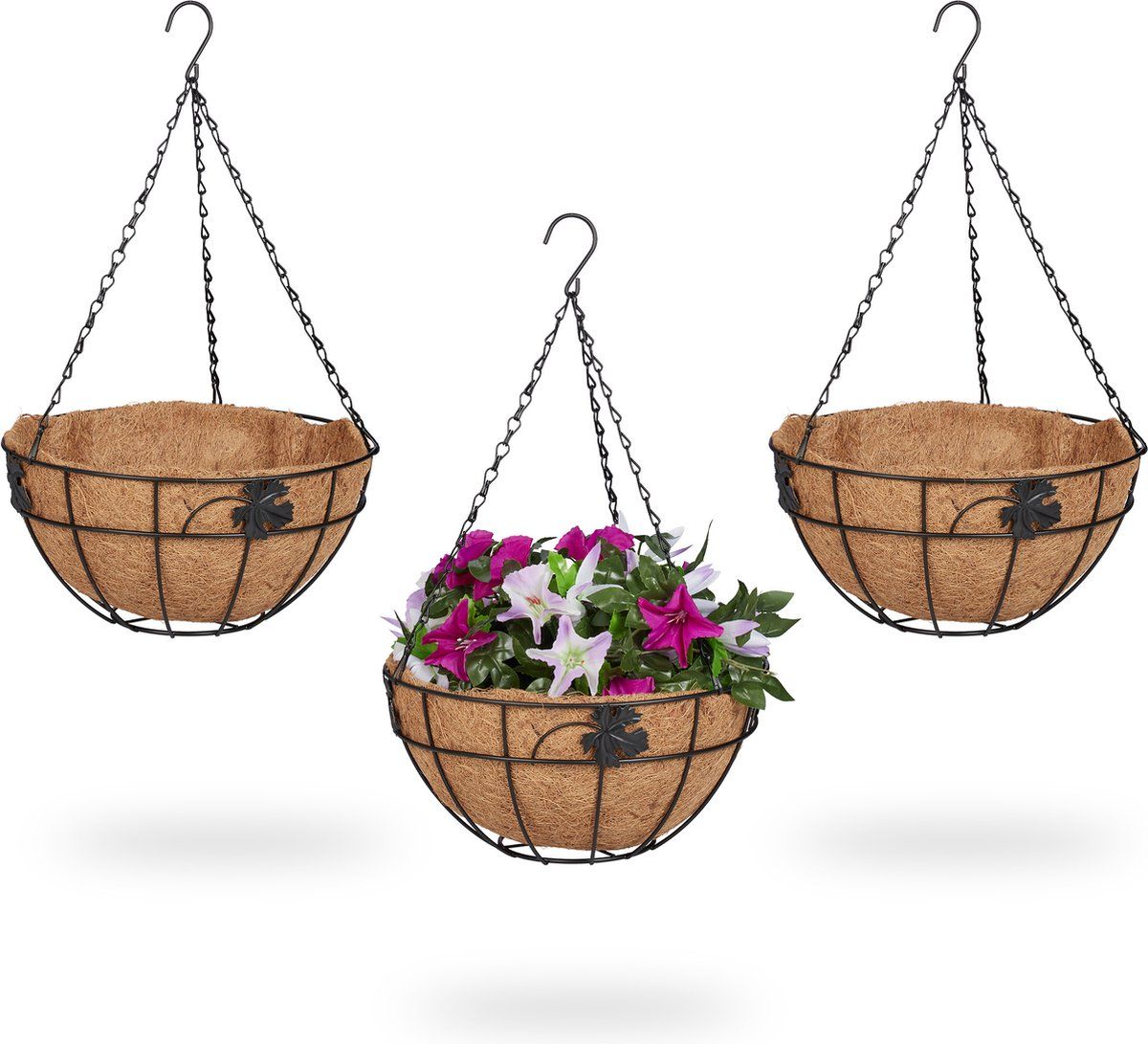 Relaxdays Hanging Basket Kokos - Set van 3 - Zwart/Bruin - Metaal